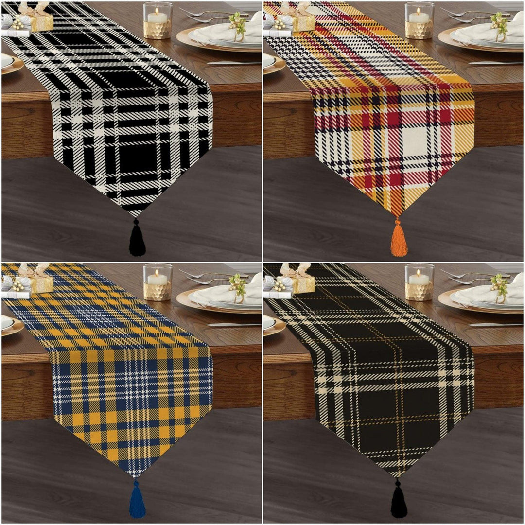 Plaid Table Runner|High Quality Triangle Chenille Table Runner|Decorative Tabletop|Tartan Pattern Table Runner|Checkered Tasseled Runner