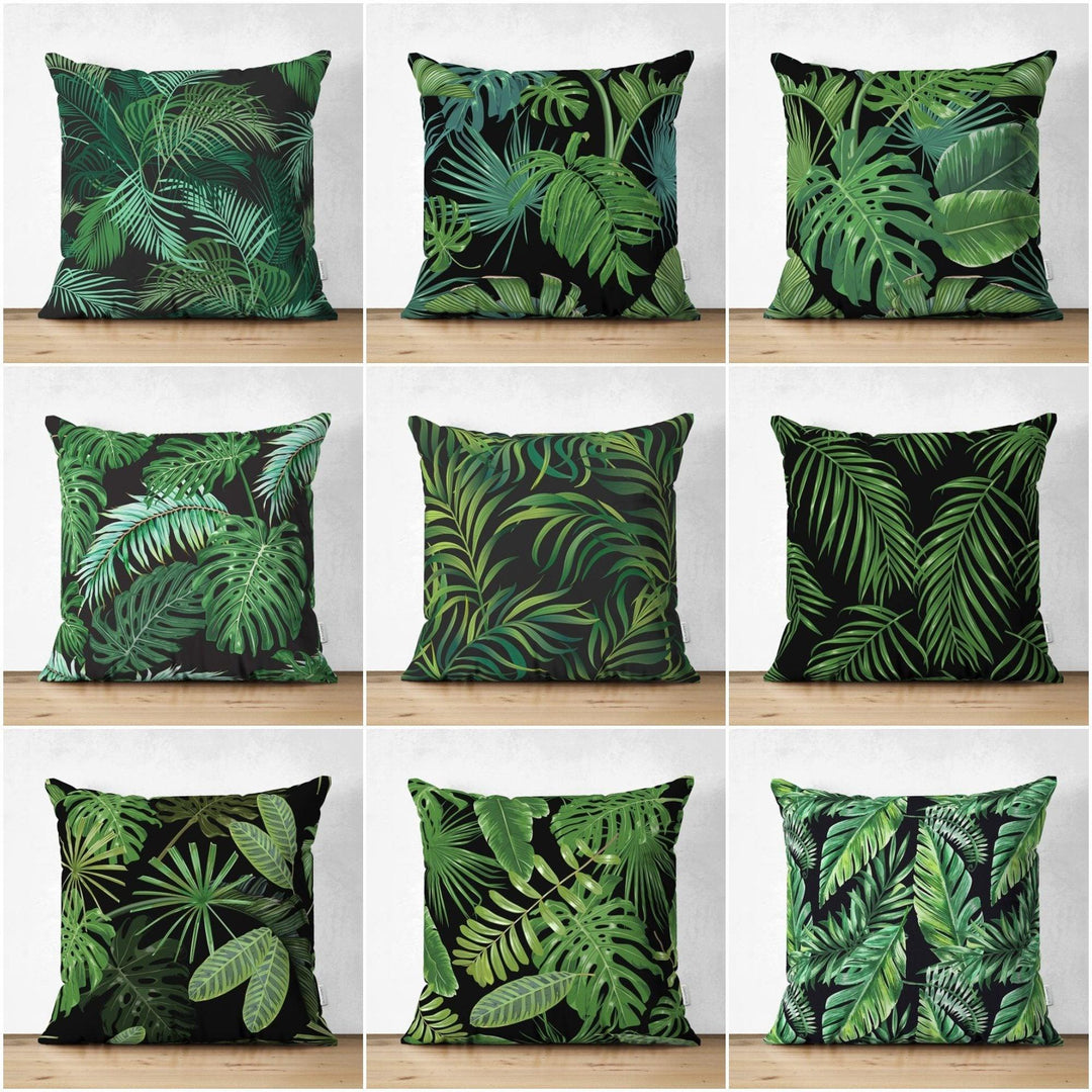 Tropical Plants Pillow Cover|Green Leaves Pillow Cover|Floral Cushion Case|Decorative Pillow Case|Green and Black Pillow|Summer Trend Pillow