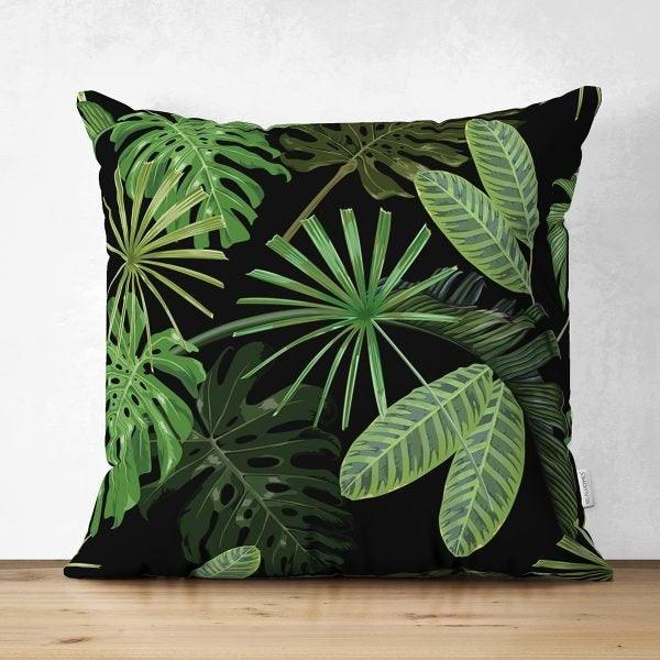 Tropical Plants Pillow Cover|Green Leaves Pillow Cover|Floral Cushion Case|Decorative Pillow Case|Green and Black Pillow|Summer Trend Pillow