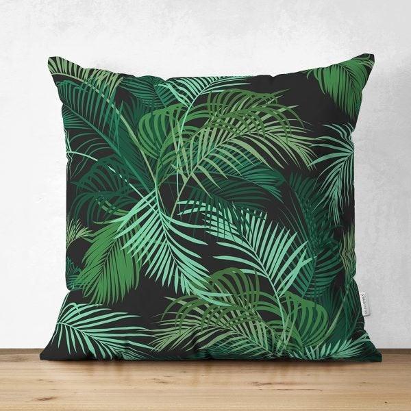 Tropical Plants Pillow Cover|Green Leaves Pillow Cover|Floral Cushion Case|Decorative Pillow Case|Green and Black Pillow|Summer Trend Pillow