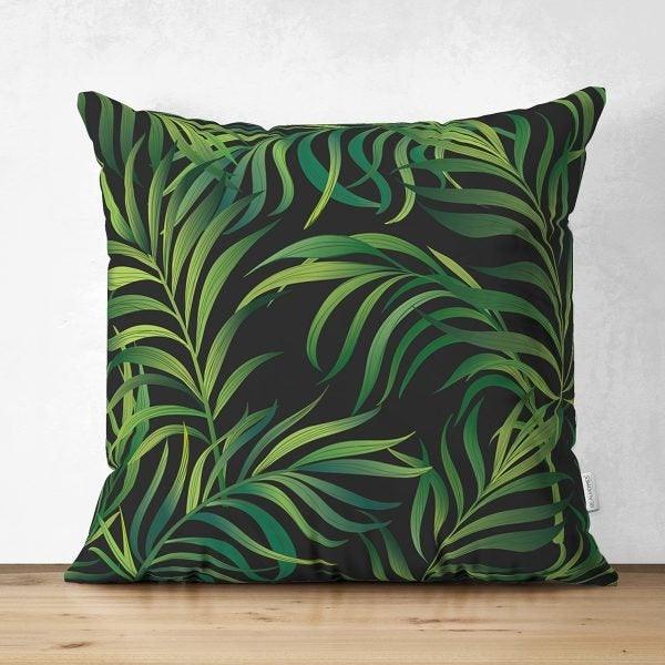 Tropical Plants Pillow Cover|Green Leaves Pillow Cover|Floral Cushion Case|Decorative Pillow Case|Green and Black Pillow|Summer Trend Pillow