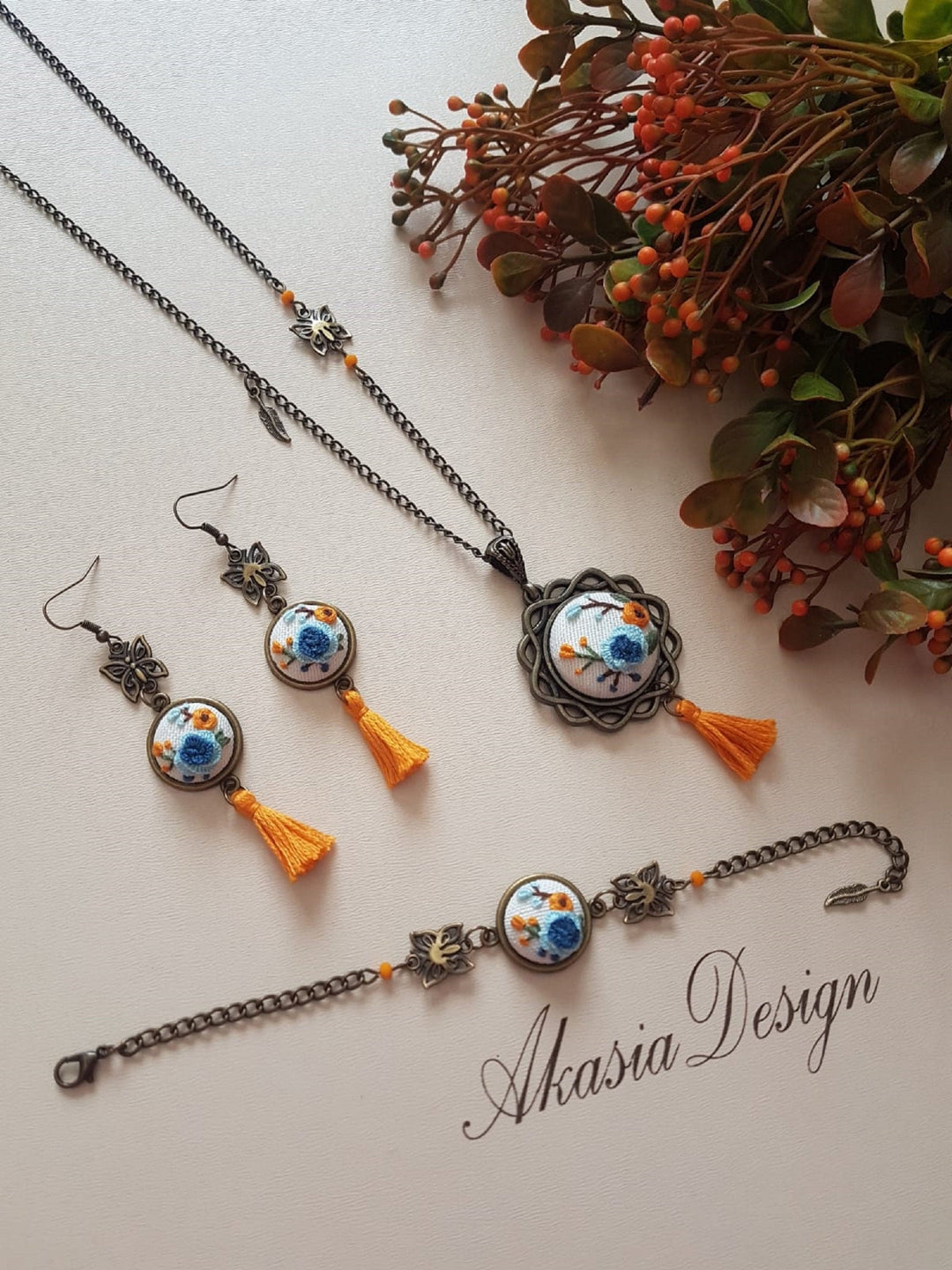 Floral Embroidery Jewelry|Custom Personalized Blue Orange Embroidered Pendant|Necklace Bracelet Earrings Set with Tassel|Unique Gift For Her