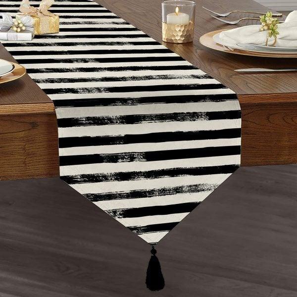 Striped Table Runner|High Quality Triangle Chenille Table Runner|Decorative Tabletop|Colorful Stripes Tabletop|Tasseled Runner with Stripes