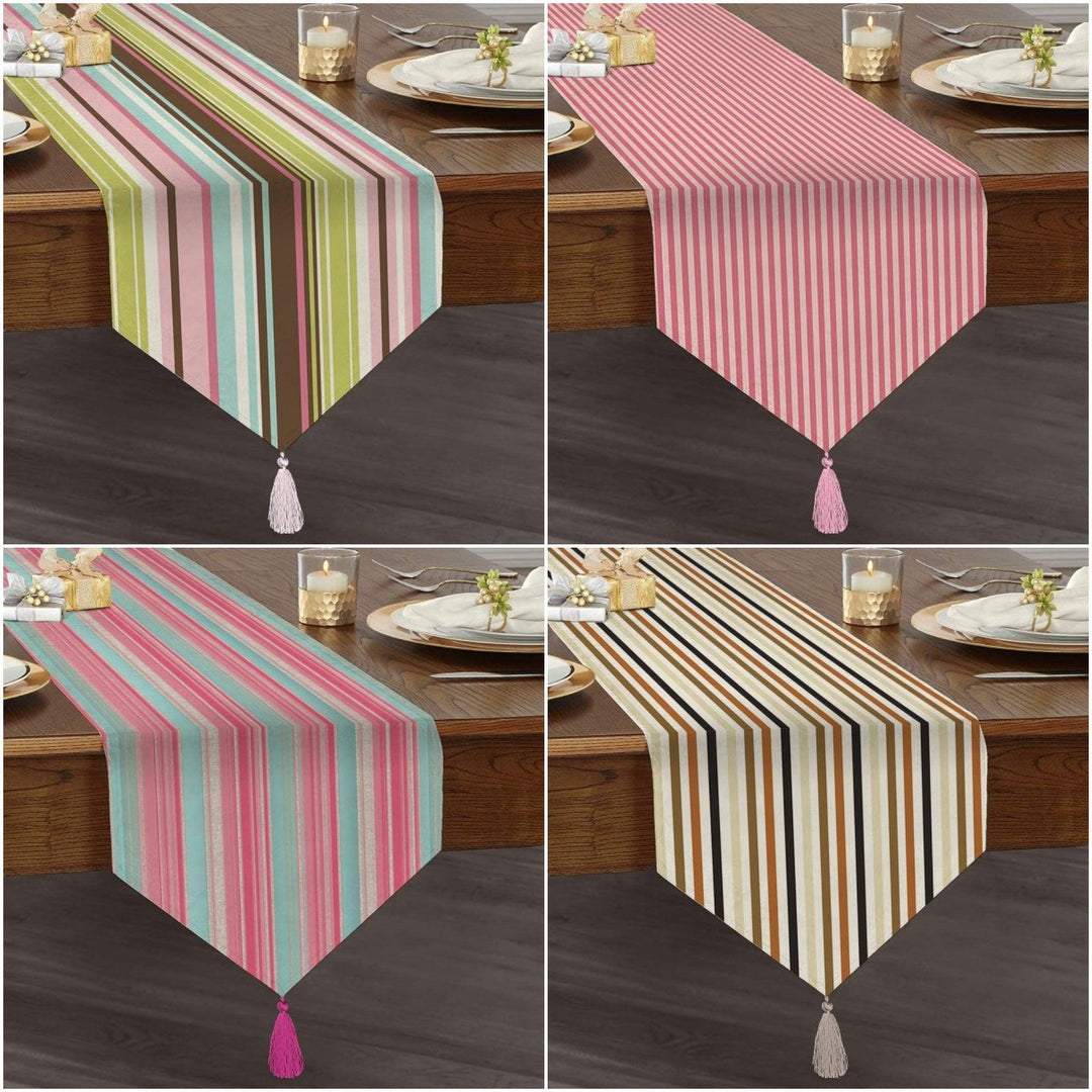 Striped Table Runner|High Quality Triangle Chenille Table Runner|Decorative Tabletop|Colorful Stripes Tabletop|Tasseled Runner with Stripes