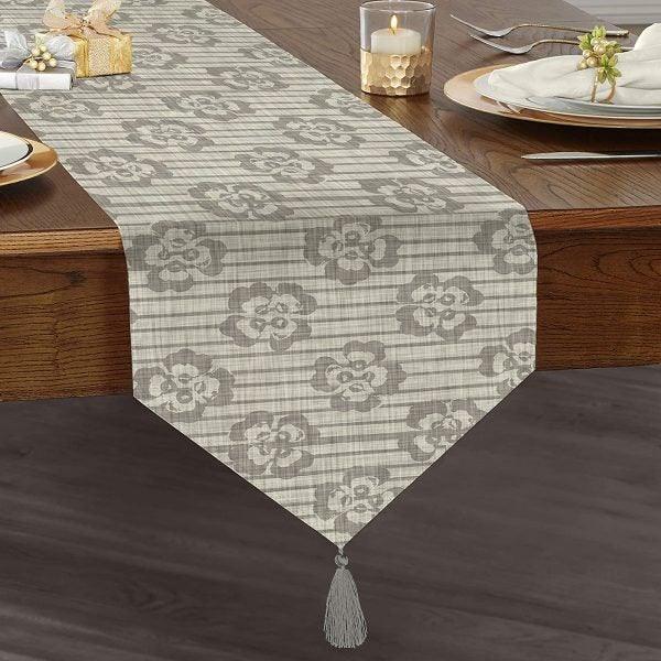 Gray Table Runner|High Quality Triangle Chenille Table Runner|Decorative Geometric Runner|Bohemian Style Tabletop|Authentic Tasseled Runner