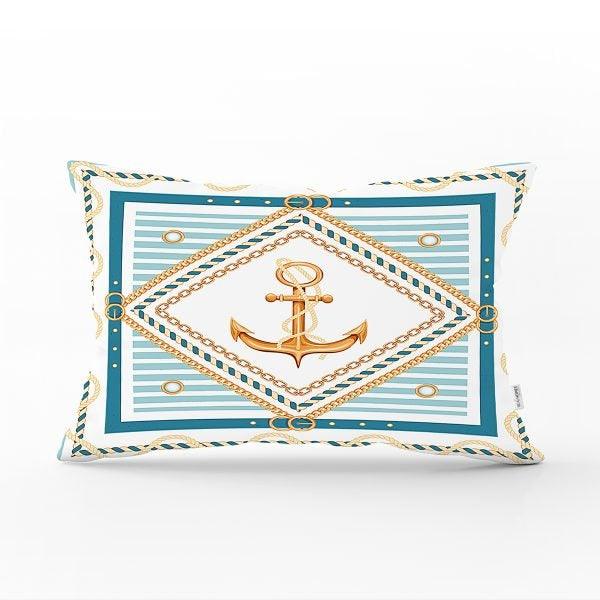 Nautical Pillow Case|Navy Anchor Pillow Cover|Decorative Coastal Cushions|Rectangle Beach House Pillows|Blue Yellow Nautical Yacht Cushion