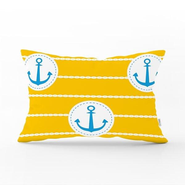 Nautical Pillow Case|Navy Anchor Pillow Cover|Decorative Coastal Cushions|Rectangle Beach House Pillows|Blue Yellow Nautical Yacht Cushion