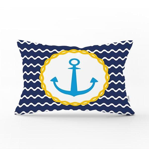 Nautical Pillow Case|Navy Anchor Pillow Cover|Decorative Coastal Cushions|Rectangle Beach House Pillows|Blue Yellow Nautical Yacht Cushion