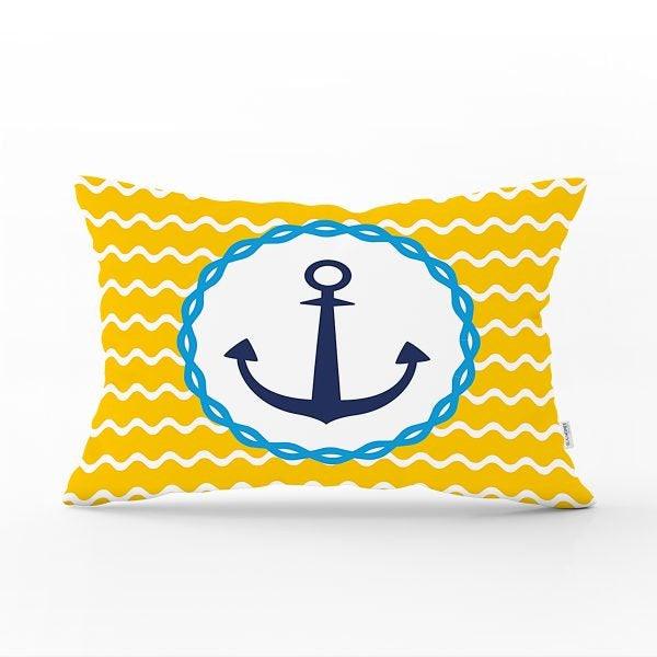 Nautical Pillow Case|Navy Anchor Pillow Cover|Decorative Coastal Cushions|Rectangle Beach House Pillows|Blue Yellow Nautical Yacht Cushion