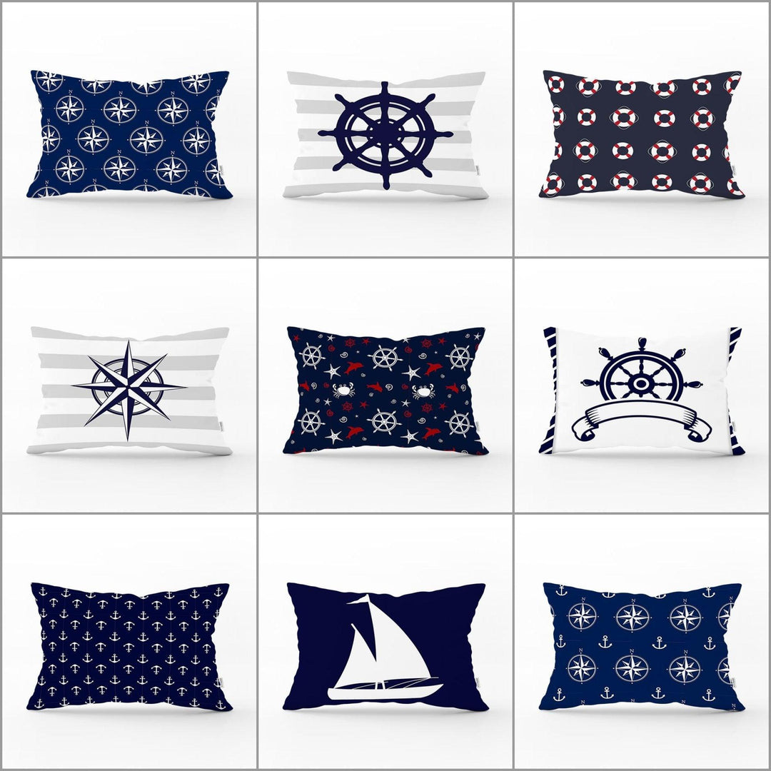 Nautical Pillow Case|Life Saver & Anchor and Wheel Pillow Cover|Decorative Yacht Cushion|Rectangle Beach House Pillow|Compass Cushion Cover