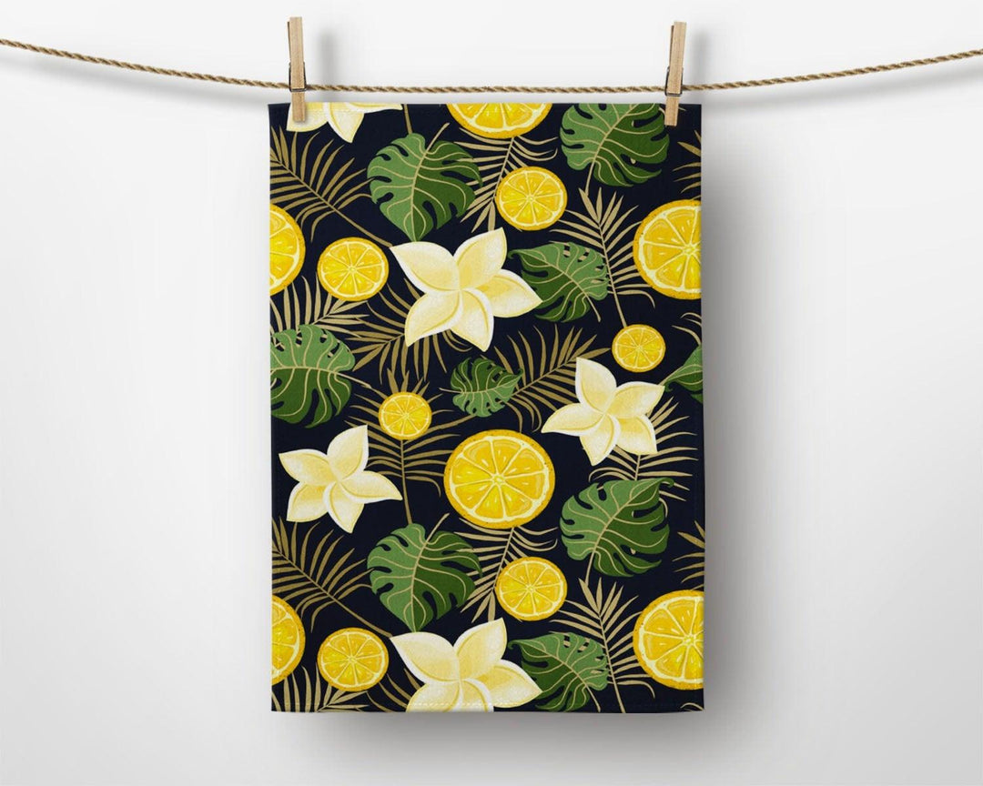 Lemon Kitchen Towel|Fresh Citrus Print Dish Towel|Decorative Tea Towel|Housewarming Summer Trend Hand Towel|Yellow Lemon and Mandarin Towel