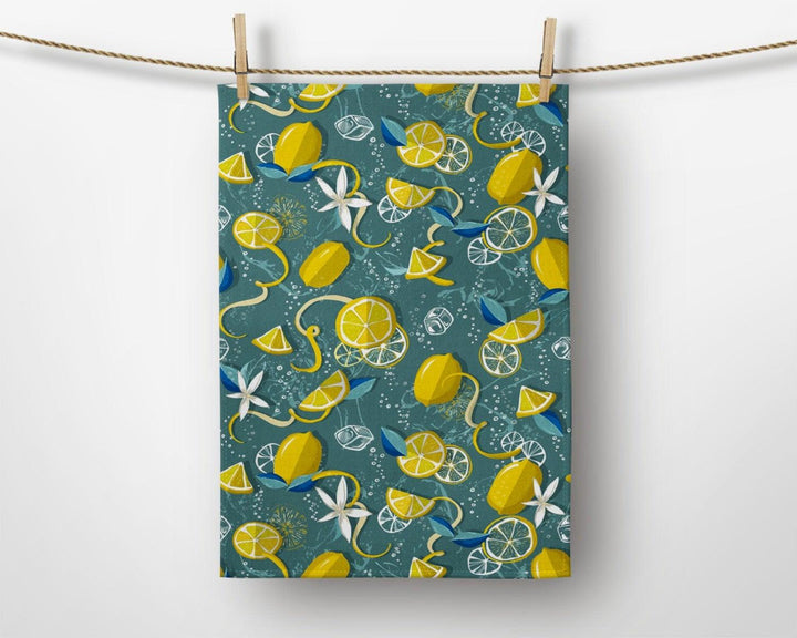 Lemon Kitchen Towel|Fresh Citrus Print Dish Towel|Decorative Tea Towel|Housewarming Summer Trend Hand Towel|Yellow Lemon and Mandarin Towel