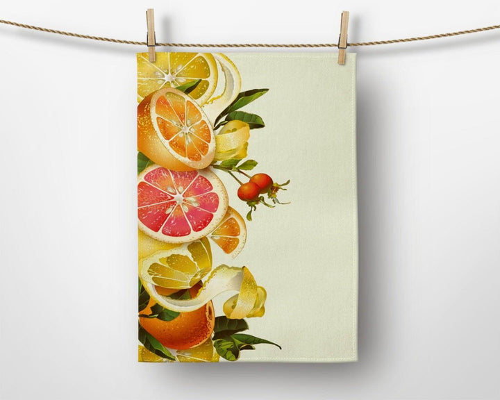 Lemon Kitchen Towel|Fresh Citrus Print Dish Towel|Decorative Tea Towel|Housewarming Summer Trend Hand Towel|Yellow Lemon and Mandarin Towel