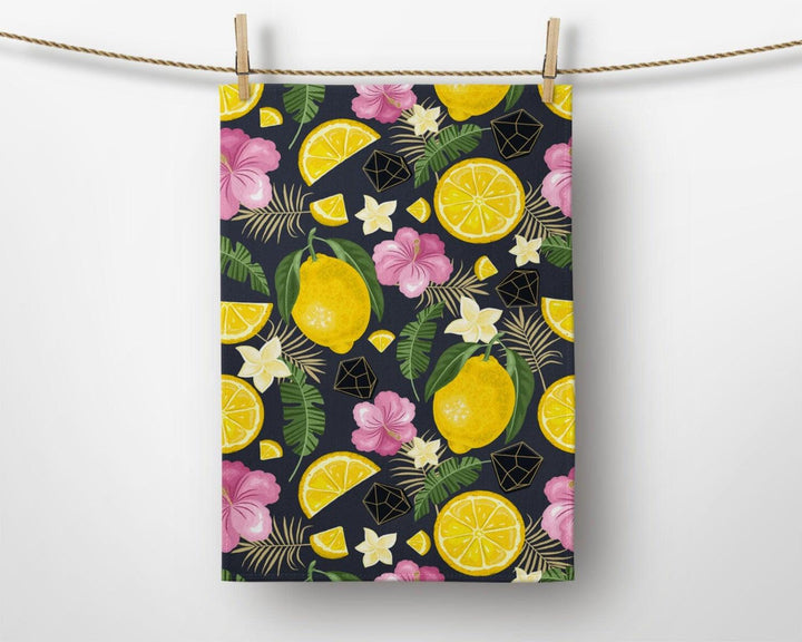 Lemon Kitchen Towel|Fresh Citrus Print Dish Towel|Decorative Tea Towel|Housewarming Summer Trend Hand Towel|Yellow Lemon and Mandarin Towel