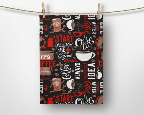 Coffee Kitchen Towel|Coffee Writings Dish Towel|Decorative Tea Towel|Housewarming Rectangle Hand Towel|Cup of Coffee Towel for Restaurants