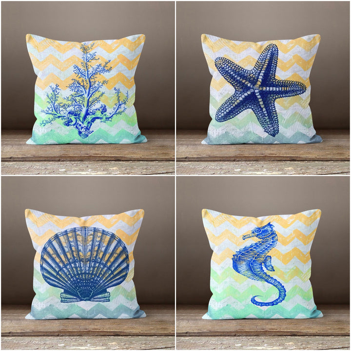 Coastal Pillow Cover|Beach House Pillow Top|Decorative Summer Marine Cushion|Nautical Throw Pillow|Starfish Seahorse Oyster Coral Cushion