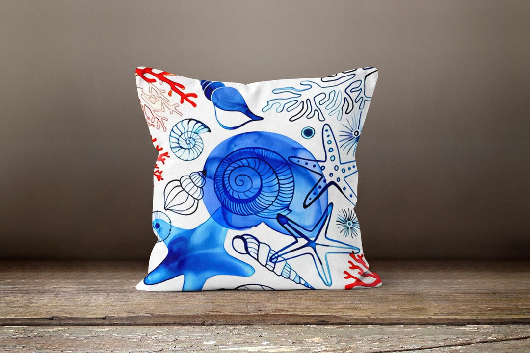 Nautical Pillow Case|Navy Blue Marine Pillow Cover|Decorative Blue and Red Cushion|Coastal Throw Pillow|Seahorse Oyster Crab Seashell Pillow