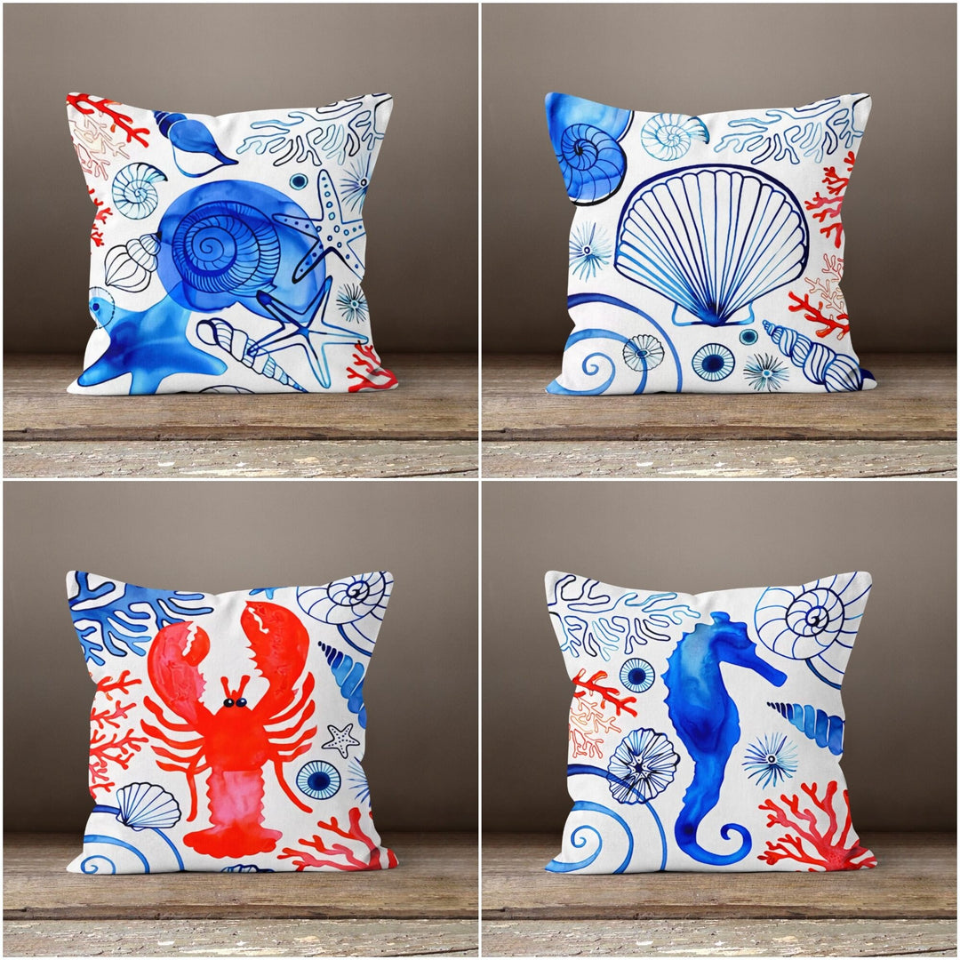 Nautical Pillow Case|Navy Blue Marine Pillow Cover|Decorative Blue and Red Cushion|Coastal Throw Pillow|Seahorse Oyster Crab Seashell Pillow