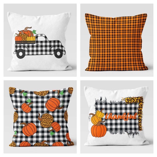 Fall Trend Pillow Cover|Autumn Cushion Case|Orange Pumpkin Checkered Throw Pillow|Thanksgiving Home Decor|Housewarming Sunflower Pillow