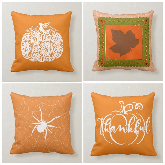 Fall Trend Pillow Cover|Autumn Cushion Case|Orange Leaf Throw Pillow|Spooky Halloween Pumpkin Home Decor|Housewarming Thankful Pillow Top