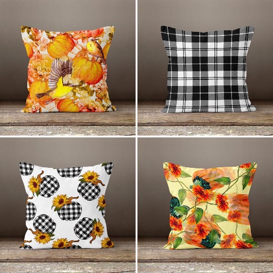 Fall Trend Pillow Cover|Autumn Cushion Case|Orange Pumpkin Throw Pillow|Halloween Home Decor|Housewarming Farmhouse Checkered Pillow Case