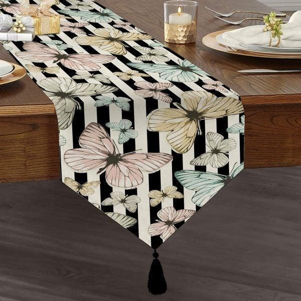 Butterfly Table Runner|High Quality Triangle Chenille Table Runner|Summer Trend Floral Butterfly Tabletop|Striped Butterfly Print Tabletop