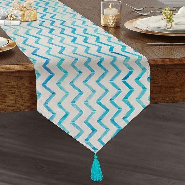 Bluish Table Runner|High Quality Triangle Chenille Table Runner|Decorative Geometric Tabletop|Blue White Runner|Authentic Tasseled Runner