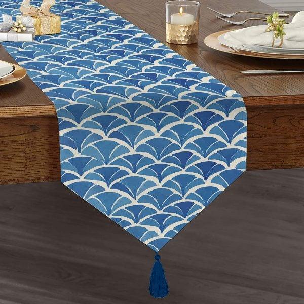 Bluish Table Runner|High Quality Triangle Chenille Table Runner|Decorative Geometric Tabletop|Blue White Runner|Authentic Tasseled Runner