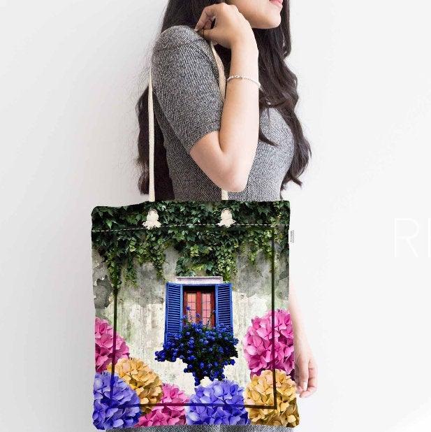 Floral Shoulder Bag|Fabric Handbag with Purple Ivy|Floral Landscape Bag|Window with Flowers Tote Bag|Summer Trend Messenger Bag|Gift for Her