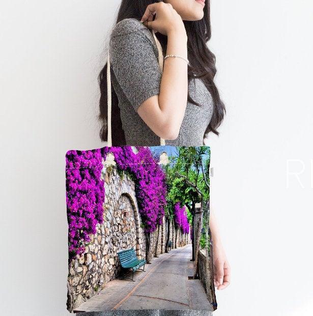 Floral Shoulder Bag|Fabric Handbag with Purple Ivy|Floral Landscape Bag|Window with Flowers Tote Bag|Summer Trend Messenger Bag|Gift for Her