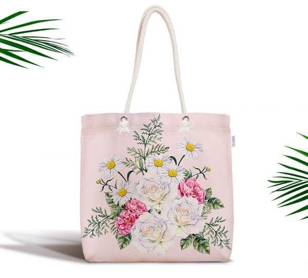 Floral Shoulder Bag|Fabric Handbag with Pinky and White Flowers|Floral Beach Tote Bag|Summer Trend Messenger Bag|Modern Gift Bag for Her