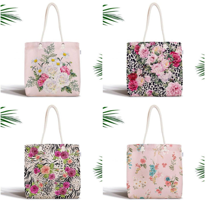 Floral Shoulder Bag|Fabric Handbag with Pinky and White Flowers|Floral Beach Tote Bag|Summer Trend Messenger Bag|Modern Gift Bag for Her