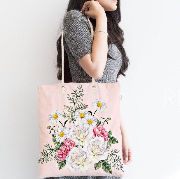 Floral Shoulder Bag|Fabric Handbag with Pinky and White Flowers|Floral Beach Tote Bag|Summer Trend Messenger Bag|Modern Gift Bag for Her