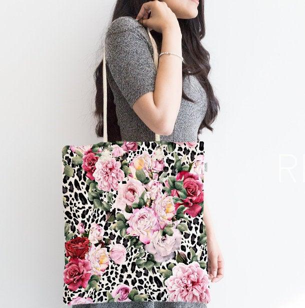 Floral Shoulder Bag|Fabric Handbag with Pinky and White Flowers|Floral Beach Tote Bag|Summer Trend Messenger Bag|Modern Gift Bag for Her