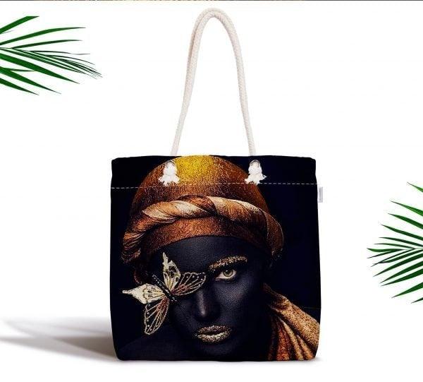 African Girl Fabric Bag|Fabric Shoulder Bag|Bohemian African Girl Beach Tote Bag|Digital Print Shopping Tote Bag for Women|Picnic Bag