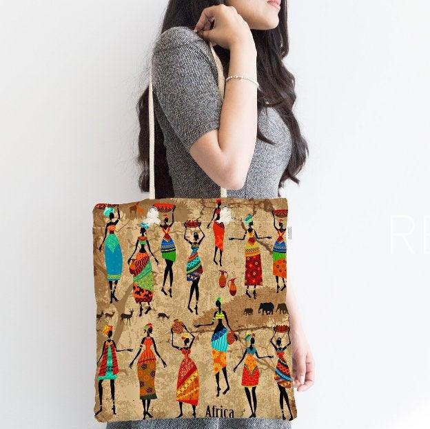 African Girl Fabric Bag|Fabric Shoulder Bag|Bohemian African Girl Beach Tote Bag|Digital Print Shopping Tote Bag for Women|Picnic Bag