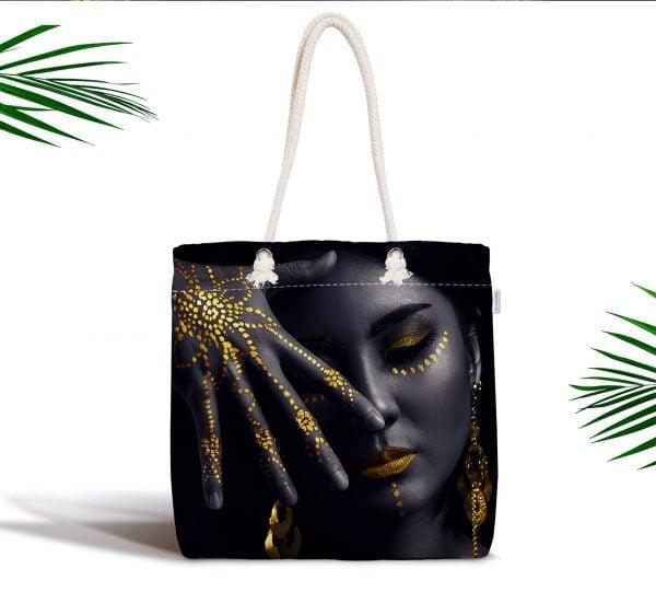 African Beauty Fabric Bag|Fabric Shoulder Bag|Bohemian Black Girl Beach Tote Bag|Digital Print Shopping Tote Bag for Women|Ethnic Picnic Bag