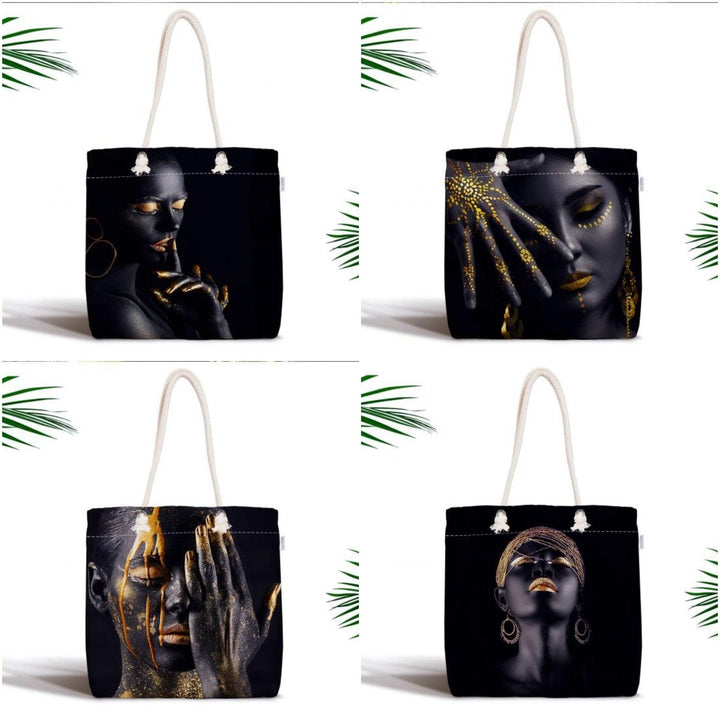 African Beauty Fabric Bag|Fabric Shoulder Bag|Bohemian Black Girl Beach Tote Bag|Digital Print Shopping Tote Bag for Women|Ethnic Picnic Bag