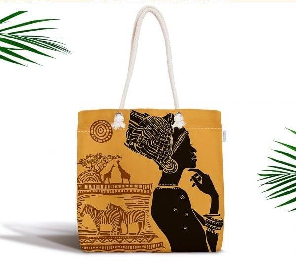 African Girl Fabric Bag|Fabric Shoulder Bag|Bohemian African Girl Beach Tote Bag|Digital Print Shopping Tote Bag for Women|Picnic Bag