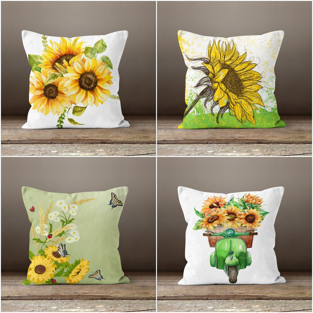 Sunflower Pillow Case|Floral Yellow and Green Pillow Cover|Butterfly and Sunflower Cushion Case|Decorative Throw Pillow|Summer Trend Decor