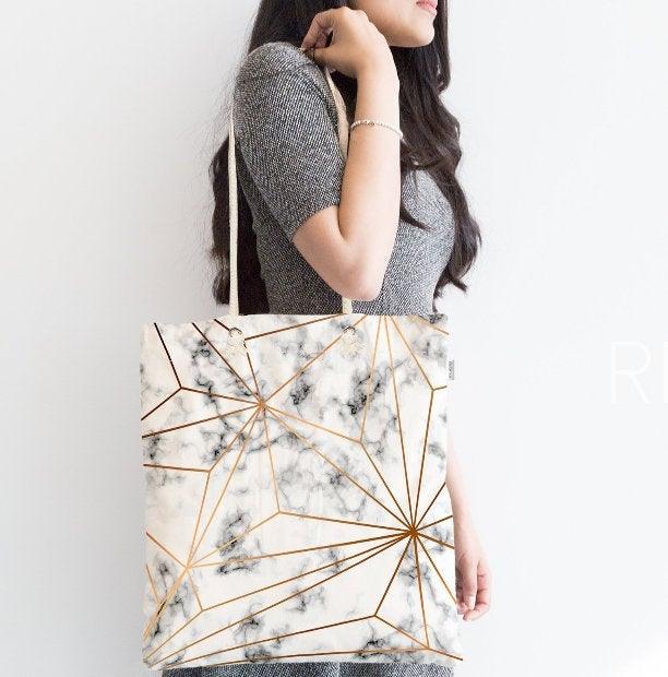 Marble Pattern Fabric Shoulder Bag|Special Geometric Design Handbag|Beach Tote Bag|Daily Shoulder Bag with Inner Pocket|Shopping Bag for Her