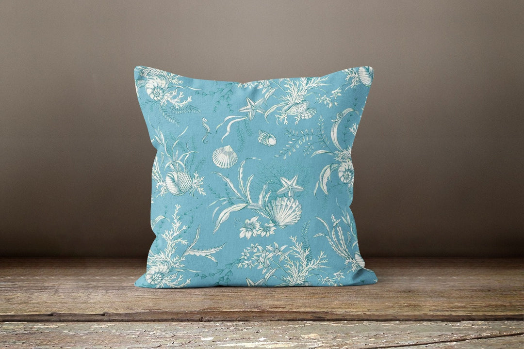 Beach House Pillow Case|Blue White Seashell Throw Pillow|Nautical Home Decor|Navy Marine Pillow Cover|Blue Cushion Cover|Coastal Pillow Top