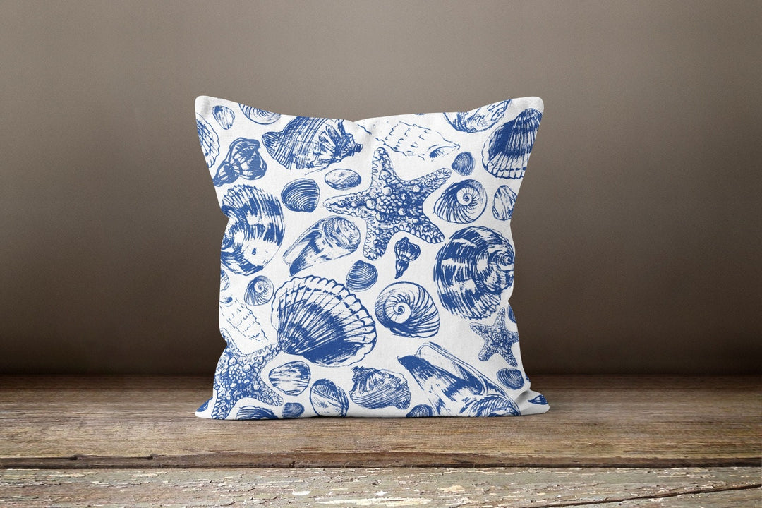 Beach House Pillow Case|Blue White Seashell Throw Pillow|Nautical Home Decor|Navy Marine Pillow Cover|Blue Cushion Cover|Coastal Pillow Top