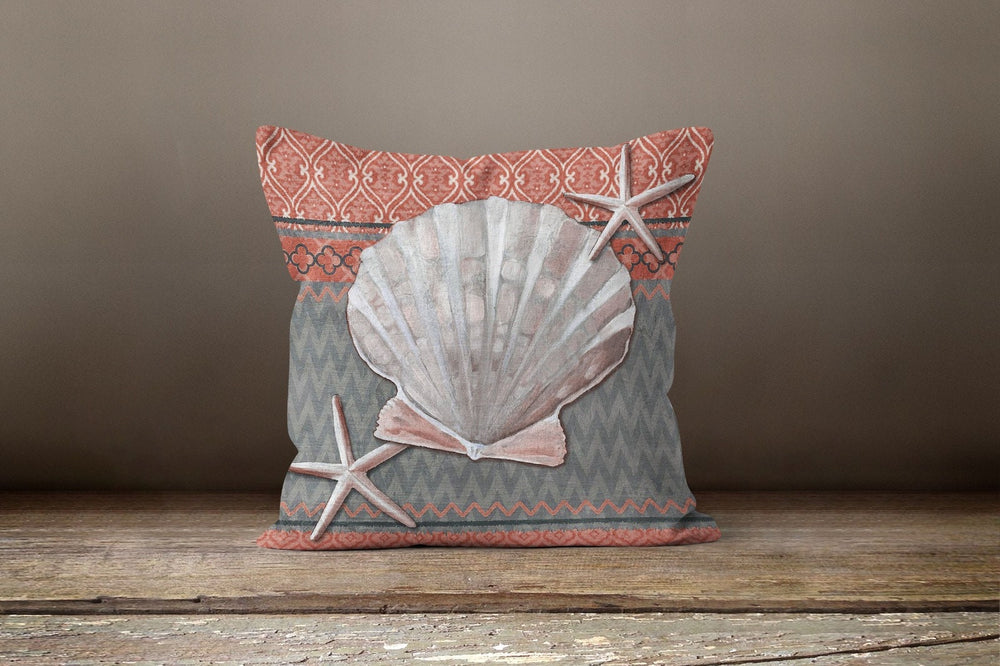 Beach House Pillow Case|Beige and Gray Marine Pillow Cover|Nautical Cushion Cover|Seashell Throw Pillow|Oyster Starfish Seahorse Pillow Top