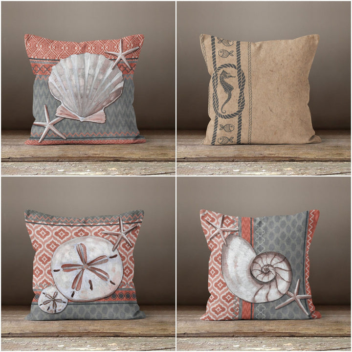 Beach House Pillow Case|Beige and Gray Marine Pillow Cover|Nautical Cushion Cover|Seashell Throw Pillow|Oyster Starfish Seahorse Pillow Top