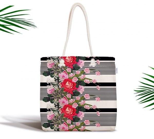 Floral Shoulder Bag|Fabric Handbag with Flower|Floral Geometric Pattern Purse|Striped Beach Tote Bag|Summer Trend Messenger Bag|Gift for Her