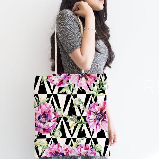 Floral Shoulder Bag|Fabric Handbag with Flower|Flower Purse with Geometric Background|Beach Tote Bag|Summer Trend Messenger Bag|Gift for Her