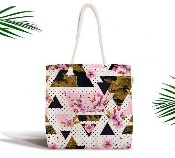 Floral Shoulder Bag|Fabric Handbag with Flower|Flower Purse with Geometric Background|Beach Tote Bag|Summer Trend Messenger Bag|Gift for Her