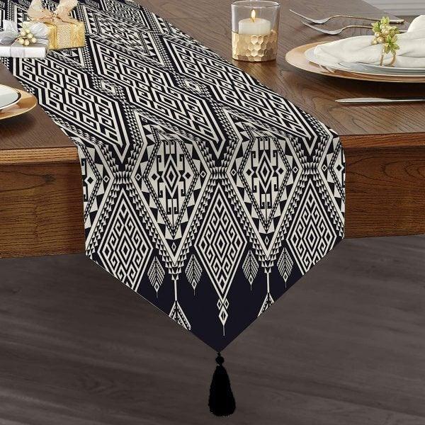 Black & White Geometric Table Runner|High Quality Triangle Chenille Table Runner|Decorative Tabletop|Psychedelic Home Decor|Tasseled Runner