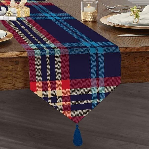 Plaid Table Runner|High Quality Triangle Chenille Table Runner|Decorative Tabletop|Tartan Pattern Table Runner|Checkered Tasseled Runner